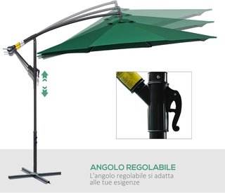 Sombrilla de Jardín 3X2.5 M de Brazo, Inclinable con Base Cruzada y Manivela, de Acero y Poliéster, Verde y Gris
