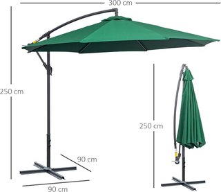 Sombrilla de Jardín 3X2.5 M de Brazo, Inclinable con Base Cruzada y Manivela, de Acero y Poliéster, Verde y Gris