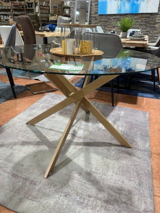 Mesa redonda cristal y patas efecto madera