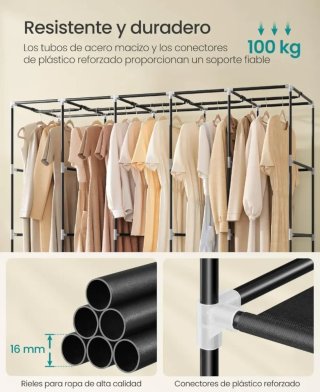SONGMICS Armario, 5 Barras de Ropa, Estantes, 4 Bolsillos Laterales, Almacenamiento, de Tela, Perchero