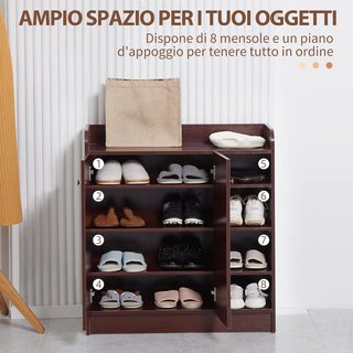 Zapatero de Entrada con 4 Estantes Abiertos, Armario Multiusos con Armario de 2 Puertas y Estantes Regulables, Porta Zapatos Ahorra Espacio para 12 Pares, 83X30X90 Cm, Café