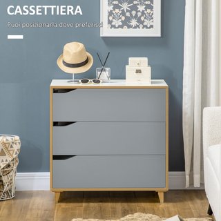Cómoda de 3 Cajones en Aglomerado y MDF para Dormitorio y Sala de Estar, 75X42X75 Cm, Blanca, Gris y Marrón