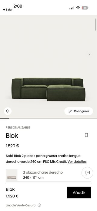 Sofá Blok 2 plazas pana gruesa chaise longue drc