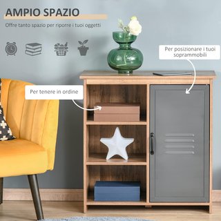 Mueble Multiusos Con Estantes Y Armario De Madera Con Puerta De Metal, Mueble Para Sala De Estar Y Cocina, 80X35X82Cm, Marrón Gris