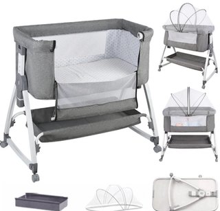 Mini cuna gris con mosquitera