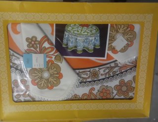 Mantel redondo tela naranja y blanco