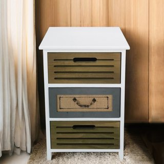 Comodino 3 Cassetti Comò in Legno Bianco e Marrone
