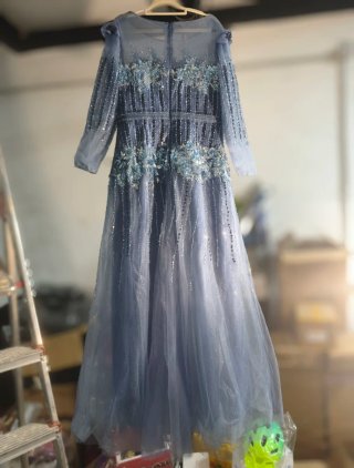 Elegante Vestido Gala Tul Azul/Morado Talla M