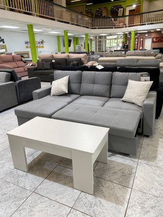 Sofá Cama Chaise Longue Gris + Mesa Blanca