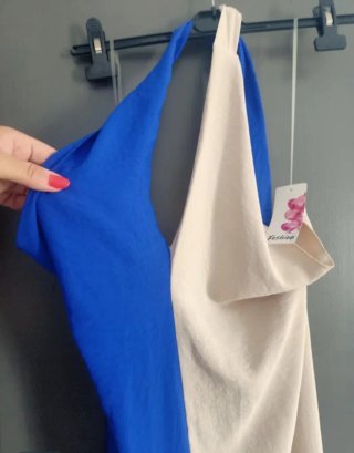 Vestido largo halter azul y beige