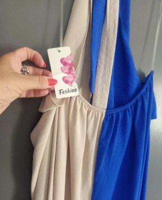 Vestido largo halter azul y beige