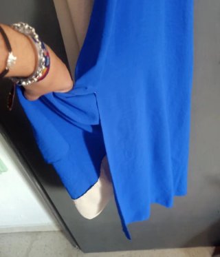 Vestido largo halter azul y beige
