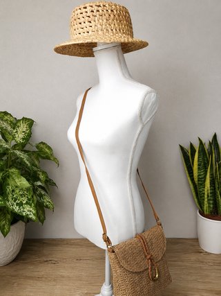 Bolso bandolera rafia natural anillo dorado, nuevo
