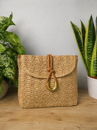 Bolso bandolera rafia natural anillo dorado, nuevo