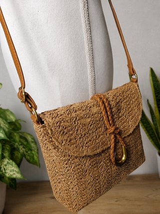 Bolso bandolera rafia natural anillo dorado, nuevo