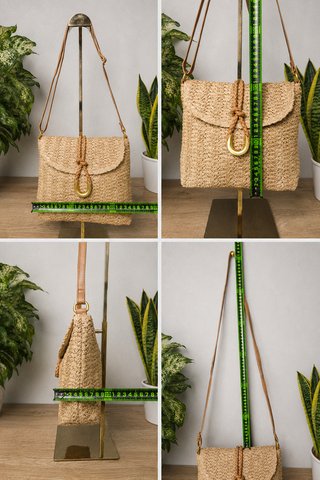 Bolso bandolera rafia natural anillo dorado, nuevo