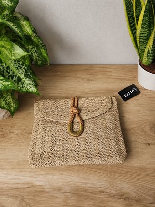 Bolso bandolera rafia natural anillo dorado, nuevo