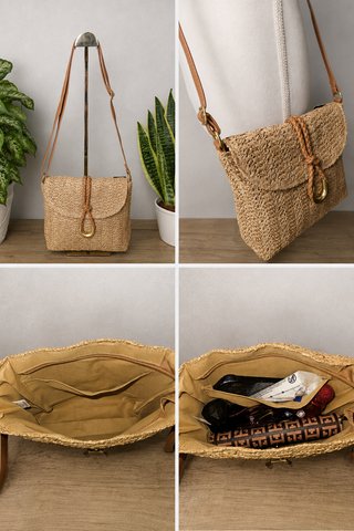 Bolso bandolera rafia natural anillo dorado, nuevo