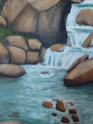 Cuadro al óleo de cascada y rocas