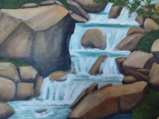 Cuadro al óleo de cascada y rocas