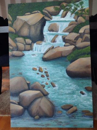 Cuadro al óleo de cascada y rocas