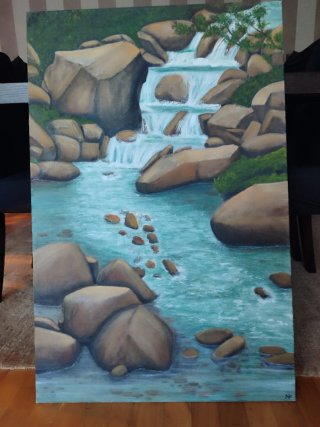 Cuadro al óleo de cascada y rocas