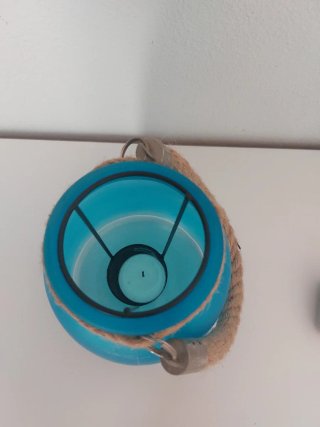 Portacandele in vetro blu con corda