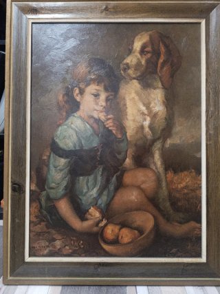 Cuadro Óleo Antigua Niña y Perro 72x52