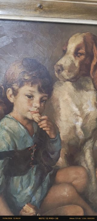 Cuadro Óleo Antigua Niña y Perro 72x52
