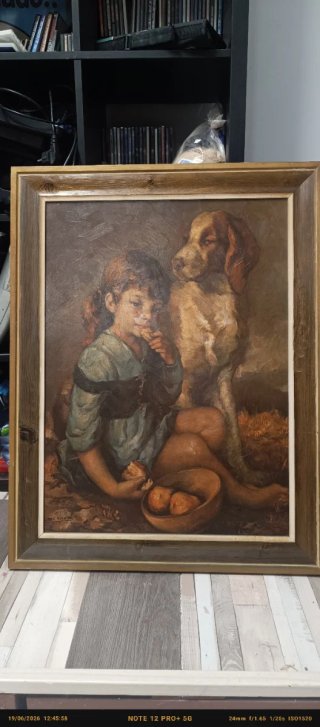 Cuadro Óleo Antigua Niña y Perro 72x52