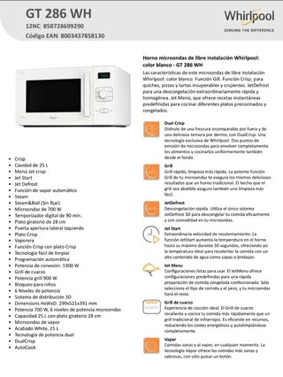 Horno Microondas Whirlpool GT 286 WH Crisp