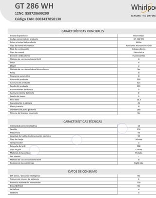 Horno Microondas Whirlpool GT 286 WH Crisp