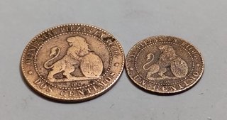 Lote 2 monedas cobre 1870 España 2 y 1 cént.