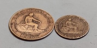 Lote 2 monedas cobre 1870 España 2 y 1 cént.
