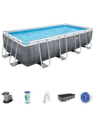 Bestway Piscina Desmontable Tubular Power Steel Rectangular 5,49m x2,74mx1,22m Diseño Ratán Gris