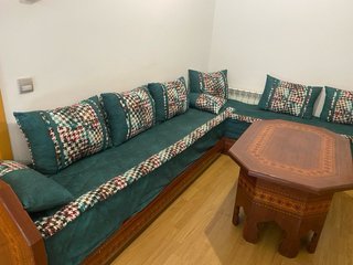 Sofá modular comedor madera y tela