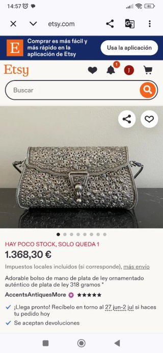 Bolso de mano clutch joya vintage plata 925