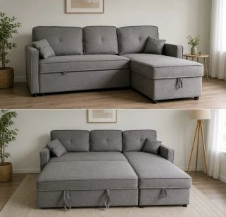 Sofá cama con chaise longue gris tela