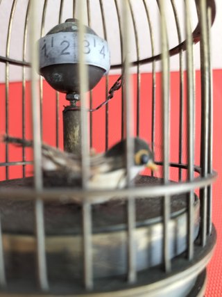 Jaula decorativa con pájaro y reloj