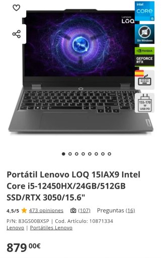 Portátil Lenovo LOQ 15IAX9 I5 + Factura y Garantía