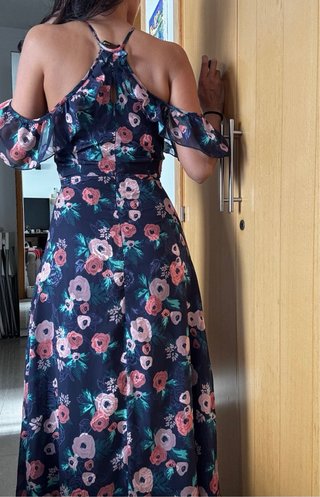 Vestido largo floral azul y rosa