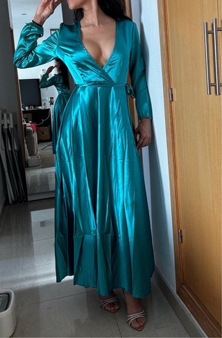 Vestido largo fiesta verde azulado