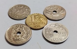 Lote 5 monedas España 1 pta. y 25 cént.