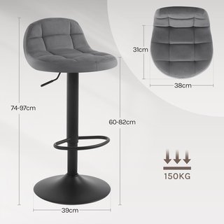 2x Taburetes Altos terciopelo WOLTU negro gris