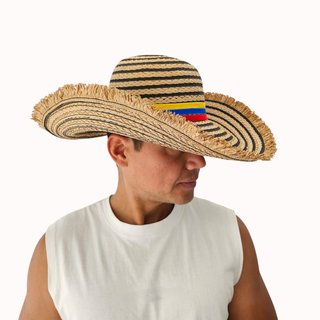 Sombrero Paja Beige Vallenato Tricolor Colombiano