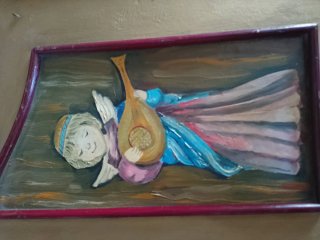 Tríptico pintado a mano: Virgen, Niño y Ángeles