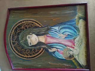 Tríptico pintado a mano: Virgen, Niño y Ángeles
