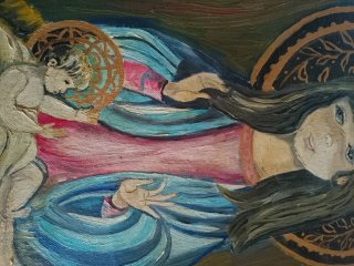 Tríptico pintado a mano: Virgen, Niño y Ángeles