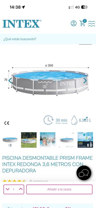 Piscina Intex Redonda 366x73 cm y accesorios