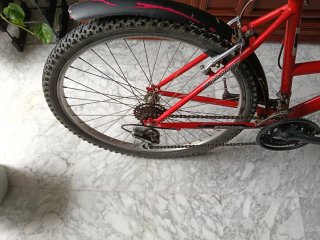 Bicicleta de montaña roja y plateada